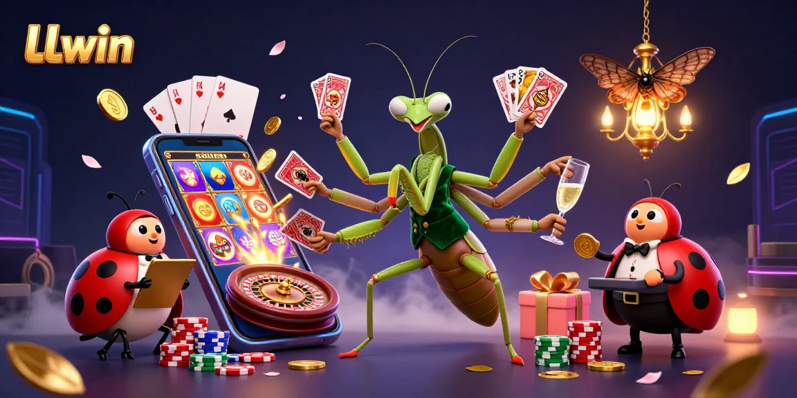 Experience a vibrant LLwin casino scene with a praying mantis card sharp and ladybug pit boss amidst gaming excitement.