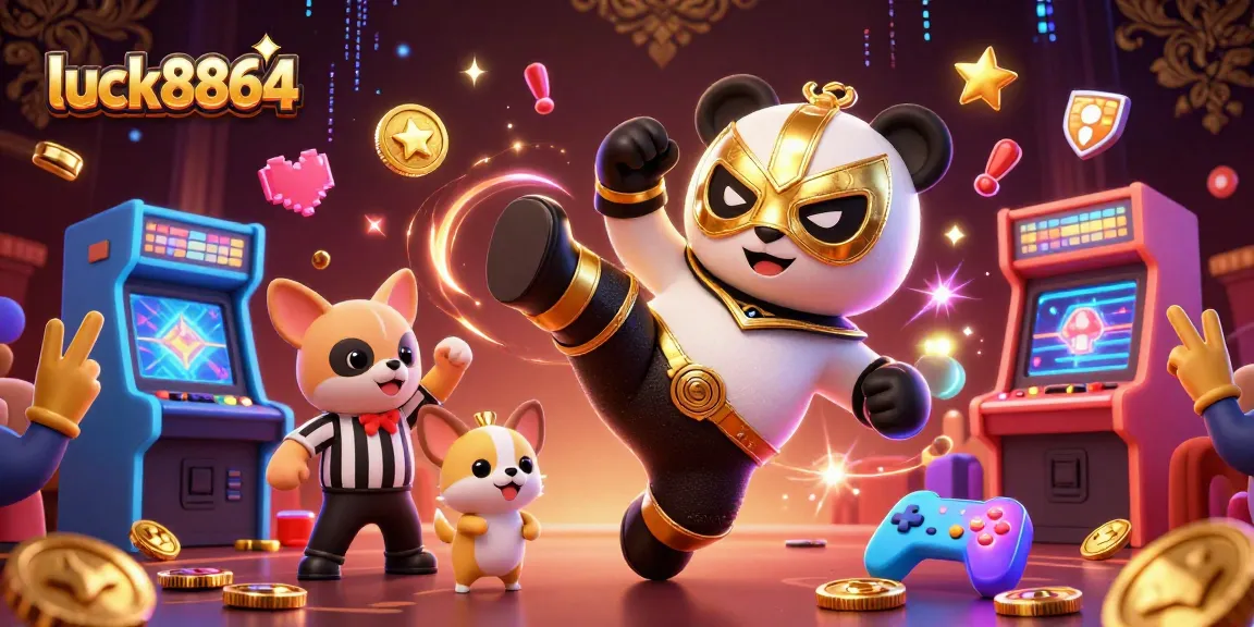 Experience thrilling fun at luck8864 with a dynamic 3D casino-style illustration showcasing lively gaming action.