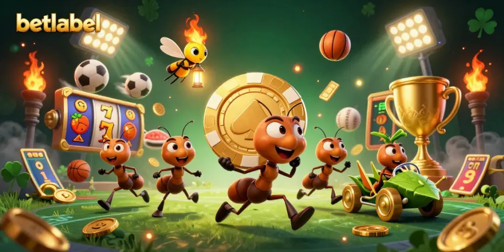 Betlabel's vibrant 3D illustration featuring ants carrying a giant poker chip amidst dynamic gambling elements.
