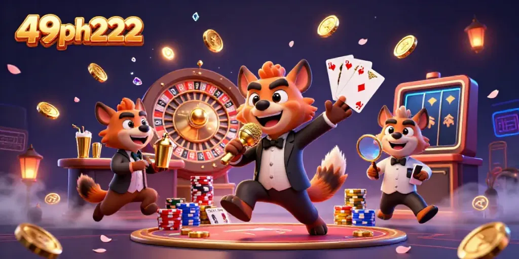 Experience the vibrant scene at 49ph222 featuring hyena characters in a comedy casino club.