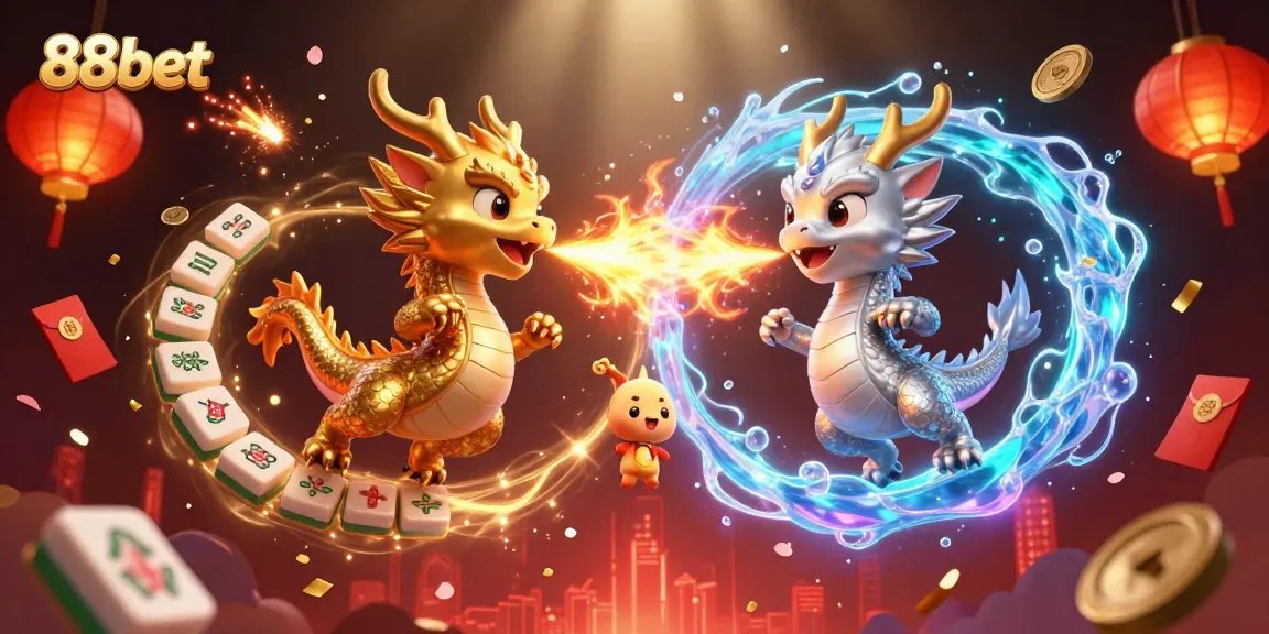 Engage with the vibrant world of 88bet as cartoon dragons battle in a dynamic casino-themed illustration.