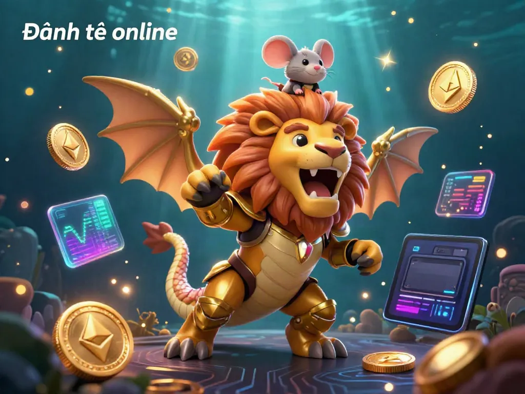 Join the thrill of Đánh đề online with vibrant chimera and cryptocurrency elements in an enchanting casino scene.