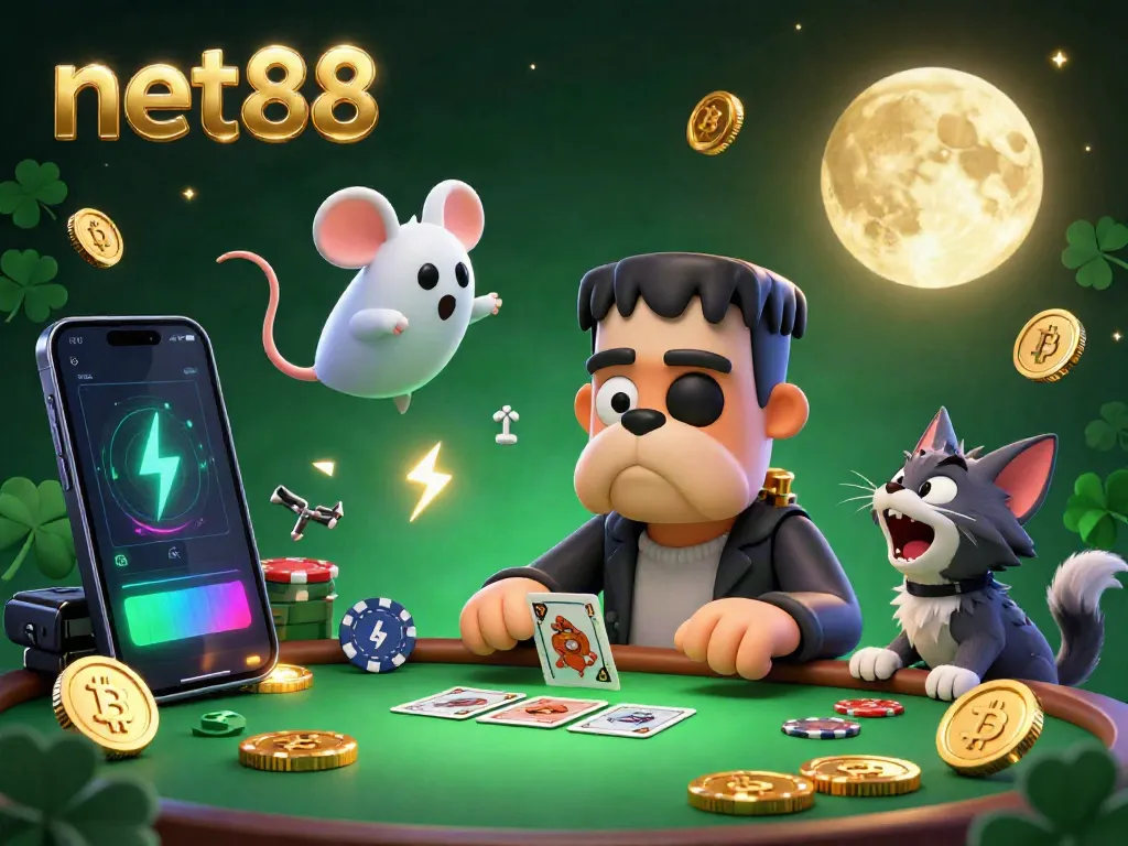 Experience net88's thrilling casino atmosphere with a Frankenstein bulldog dealing cards surrounded by crypto elements.