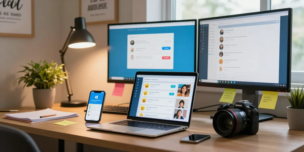 Engaging with the Telegram Web Version in a cozy home office, showcasing vibrant chats and modern workspace elements.