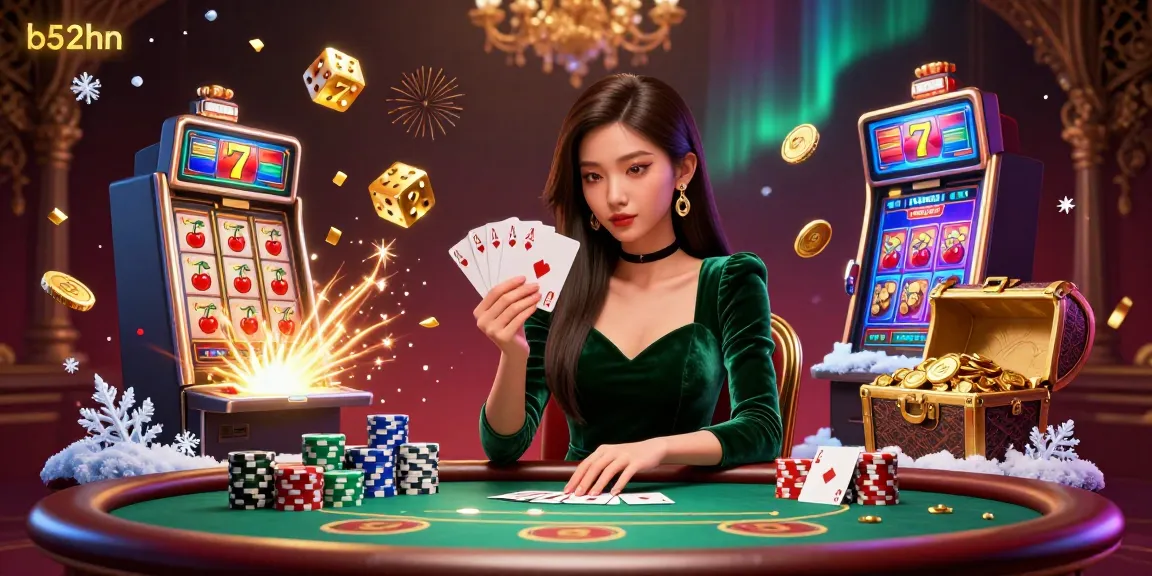 b52hn features an Asian woman expertly playing poker at a luxury table amid slots and confetti.