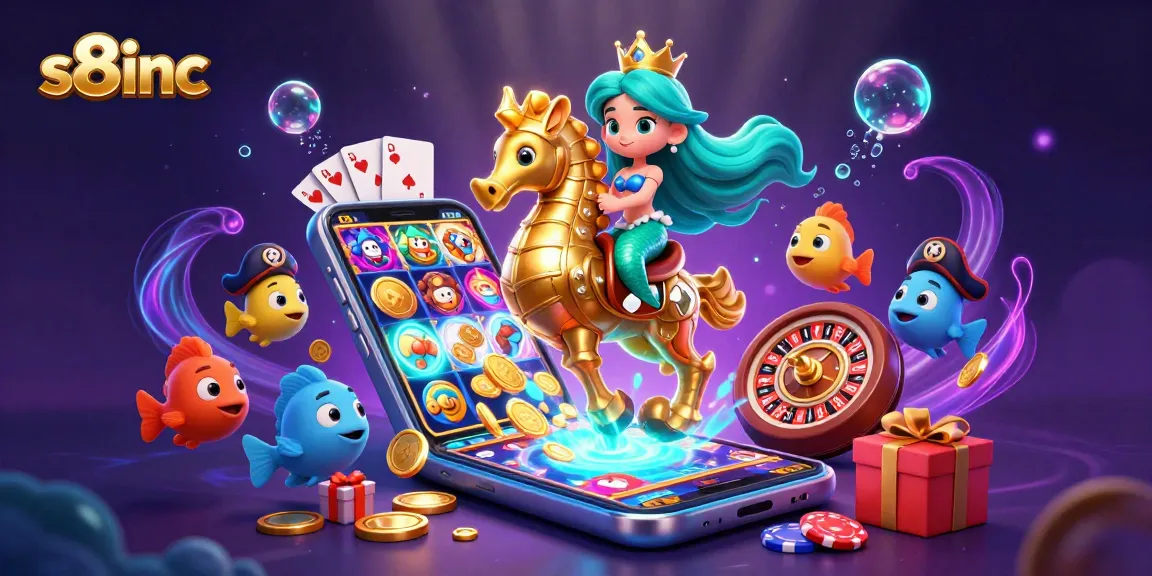 Immerse in the vibrant world of s8inc with a mermaid princess, slot games, and colorful casino elements.