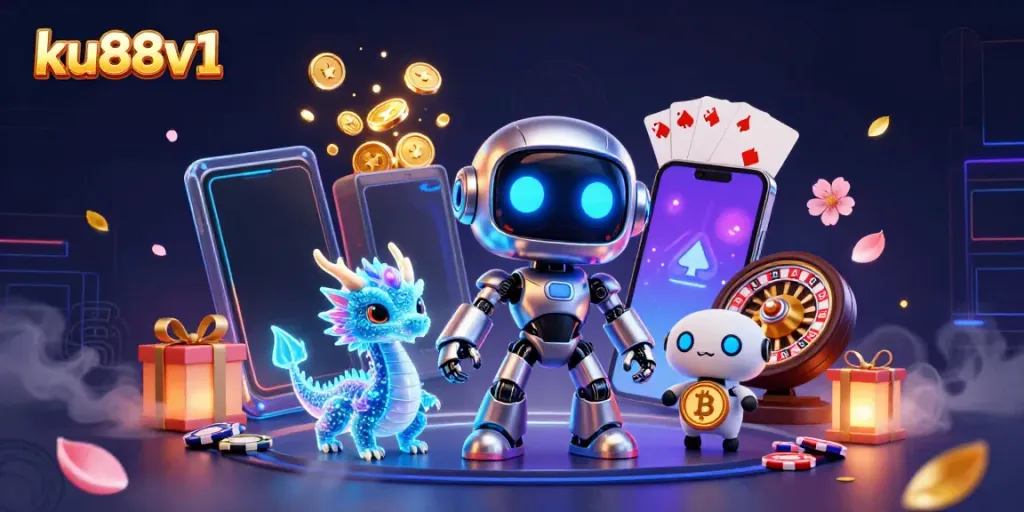 Experience excitement with ku88v1 in a vibrant 3D digital casino scene full of games and rewards.