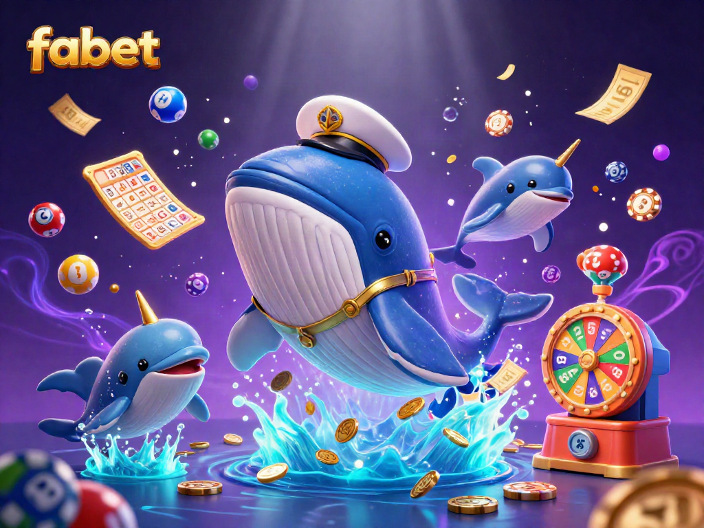Engage with fabet's thrilling casino experience alongside a whimsical cartoon whale and dolphins.