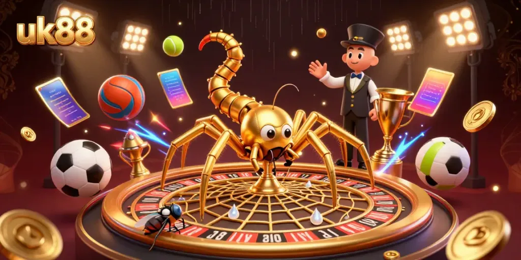 Engage with uk88's thrilling gaming scene, featuring a roulette wheel and dynamic sports elements.
