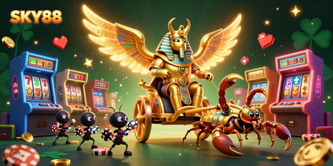Engage in thrilling gameplay at SKY88 with a dynamic 3D casino adventure featuring golden scarab characters.