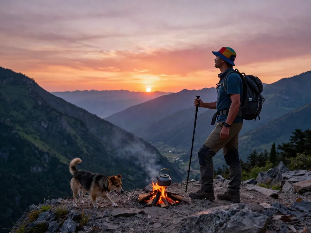 Atardecer en sierra kaudalor con excursionista en la cima de la montaña.