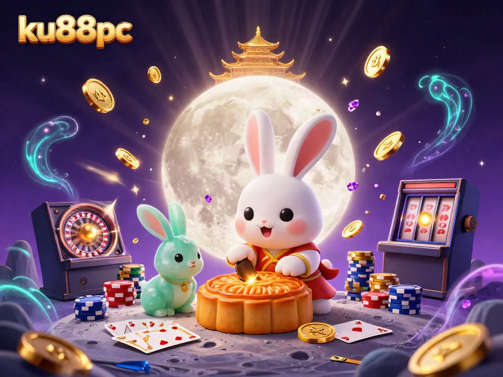 Experience the thrill of ku88pc with a lively illustration of moon rabbits amidst a vibrant casino scene