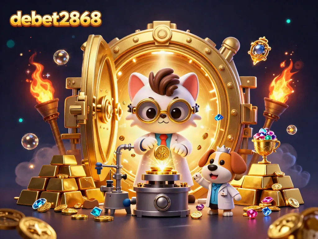 Experience vibrant action in debet2868 with a cartoon scientist creating gold and jackpots.
