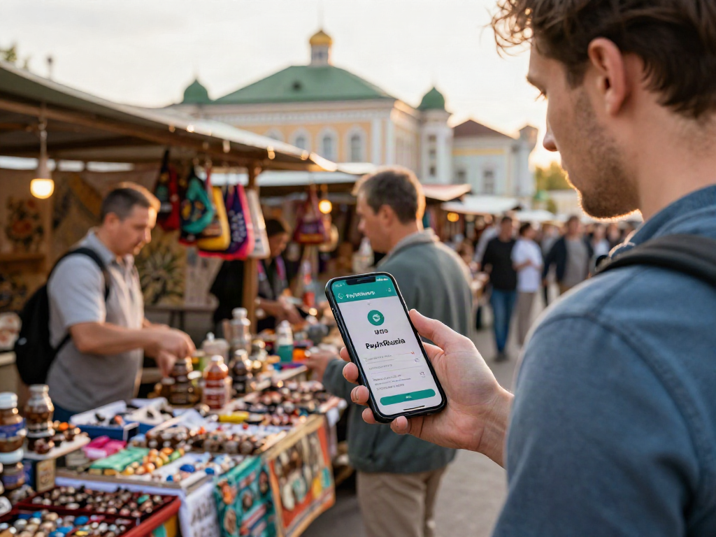 Interacción en un mercado ruso con la aplicación https://payinrussia.com/ para pagos sin complicaciones.