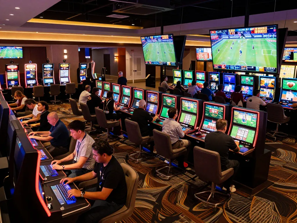 The sports betting area showcases tỷ lệ kèo with excited patrons and screens displaying live odds and outcomes