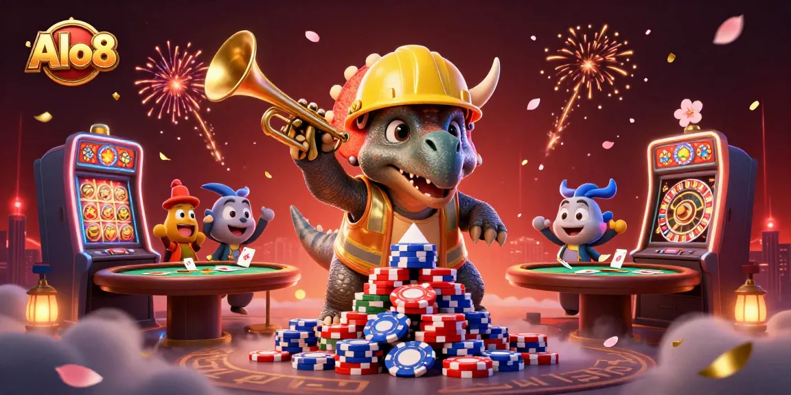 Alo8 offers dynamic gaming adventures with festive triceratops and lively slot elements celebrating casino fun.