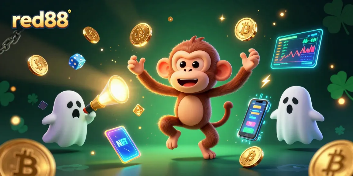 Witness red88's exciting scene featuring a mischievous ghost monkey juggling golden coins amidst a haunted casino.