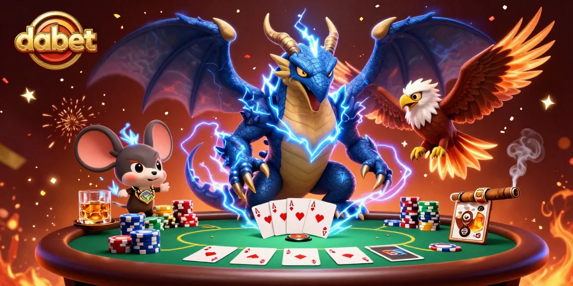 dabet showcases exhilarating poker action with a thunder dragon, fierce hawk, and animated elements.