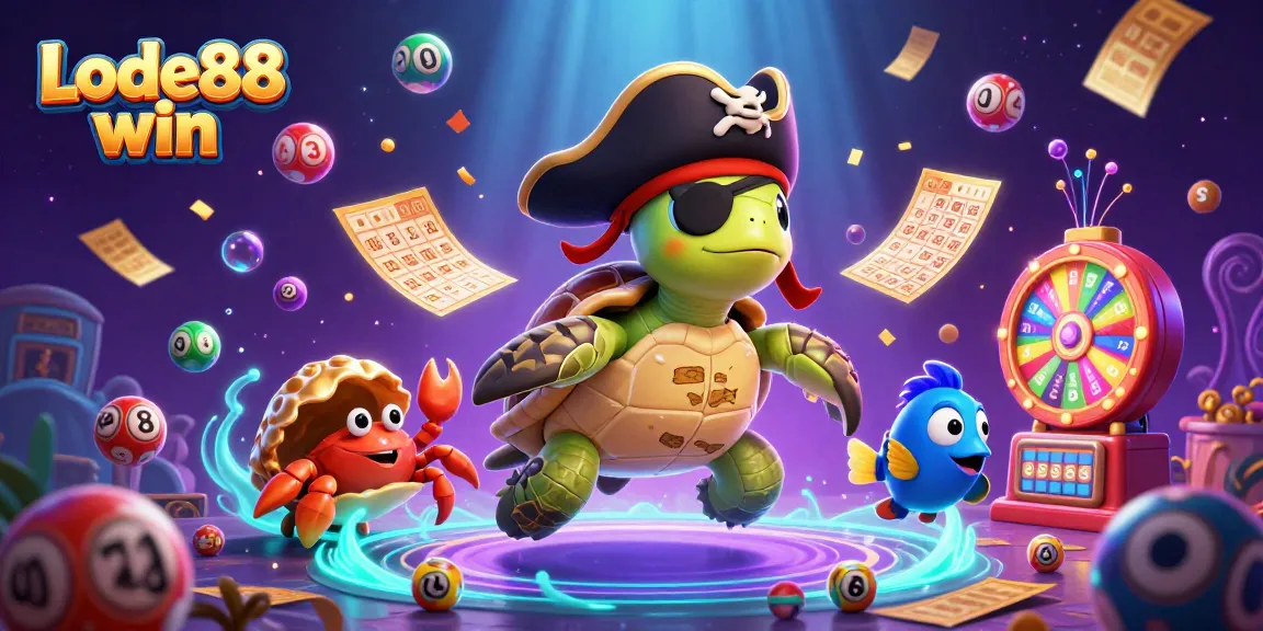 Experience thrilling Lode88 win action featuring a pirate turtle and lottery elements in a vibrant scene.