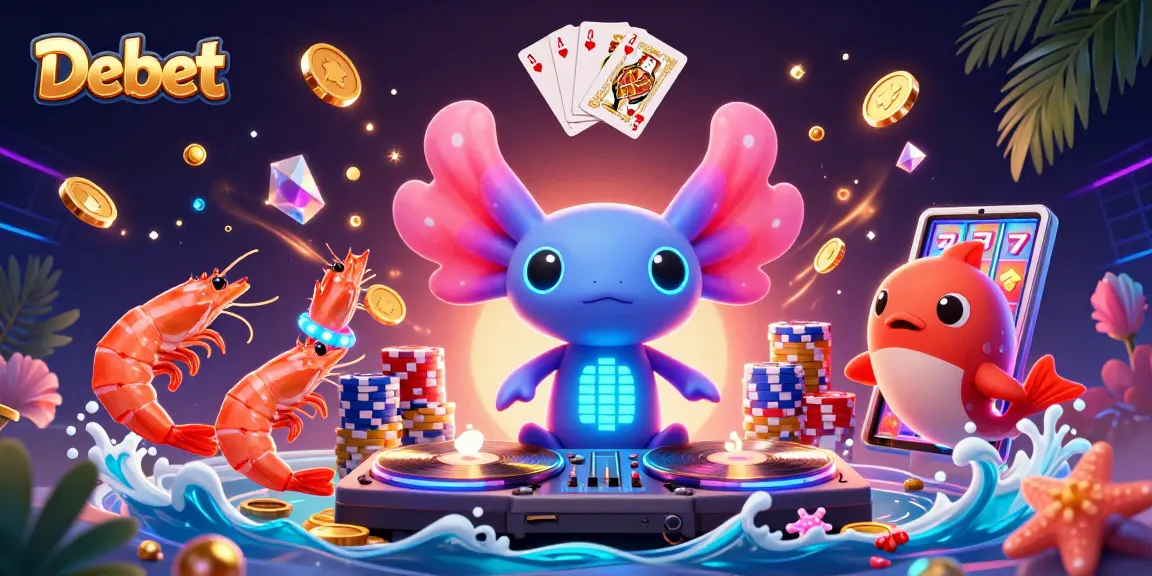 Experience thrilling gaming with Debet's vibrant 3D underwater casino scene, featuring a DJ axolotl and playful sea creatures.