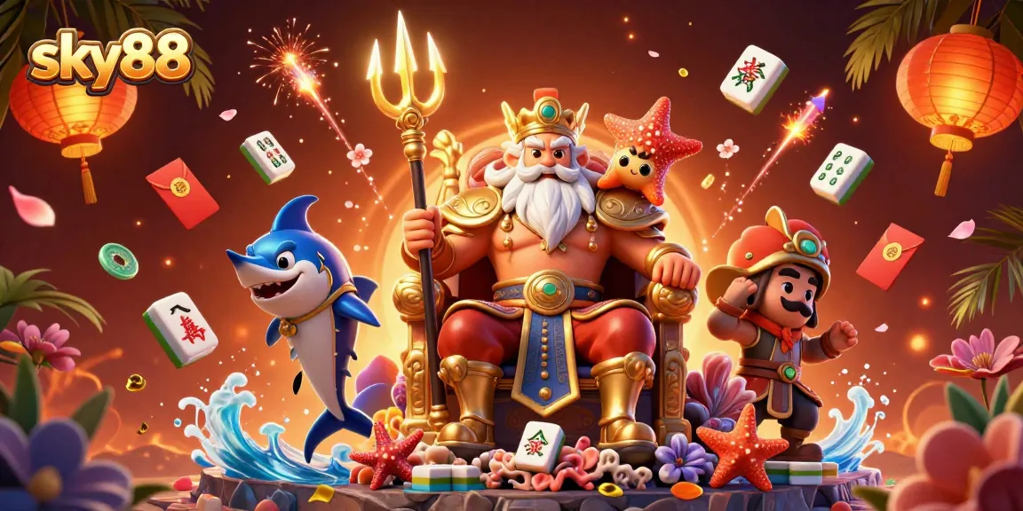 Experience thrilling action at sky88 with Neptune and festive gambling elements illuminated in a vibrant scene.