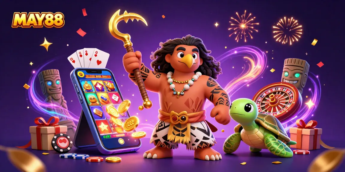 Engage in thrilling gaming with MAY88, featuring a magical scene of a demigod and turtle in a vibrant casino atmosphere.