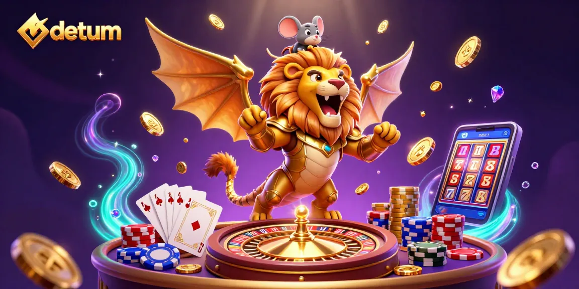 Join the thrilling adventure at datum with a chimeric creature in golden armor surrounded by cascading gems and coins.
