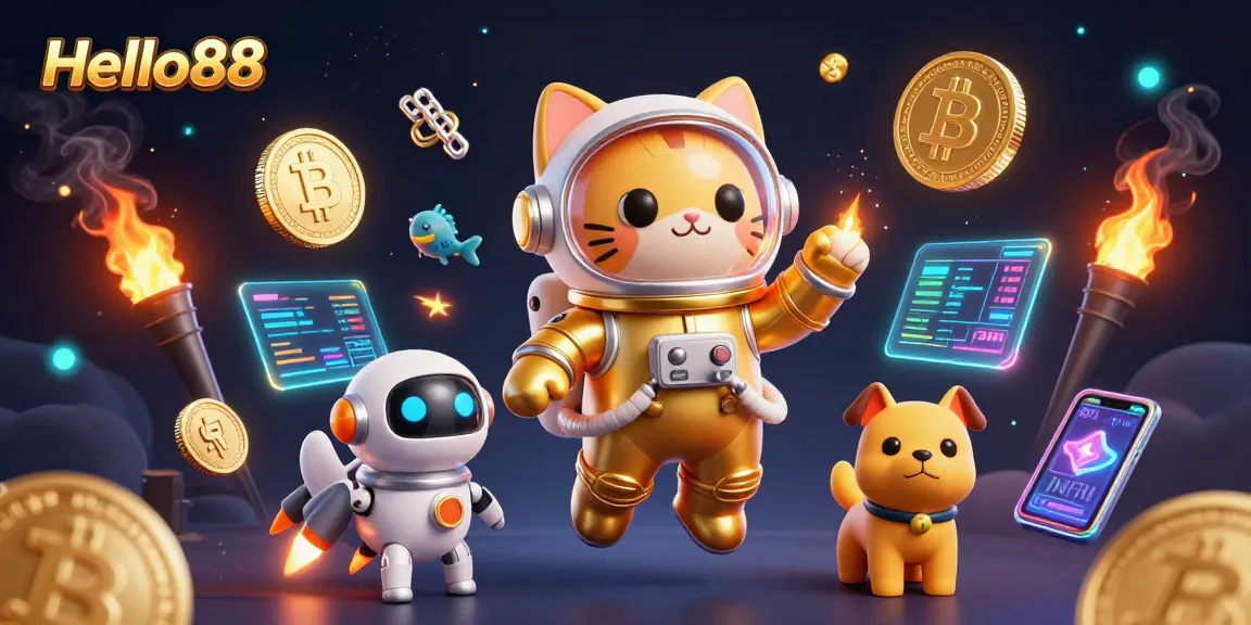 Engage with Hello88 in a vibrant casino scene featuring a golden astronaut cat and high-tech crypto elements.