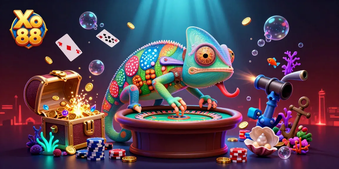 Xo 88 chameleon casino owner in a vibrant underwater scene, capturing gold coins and excitement.