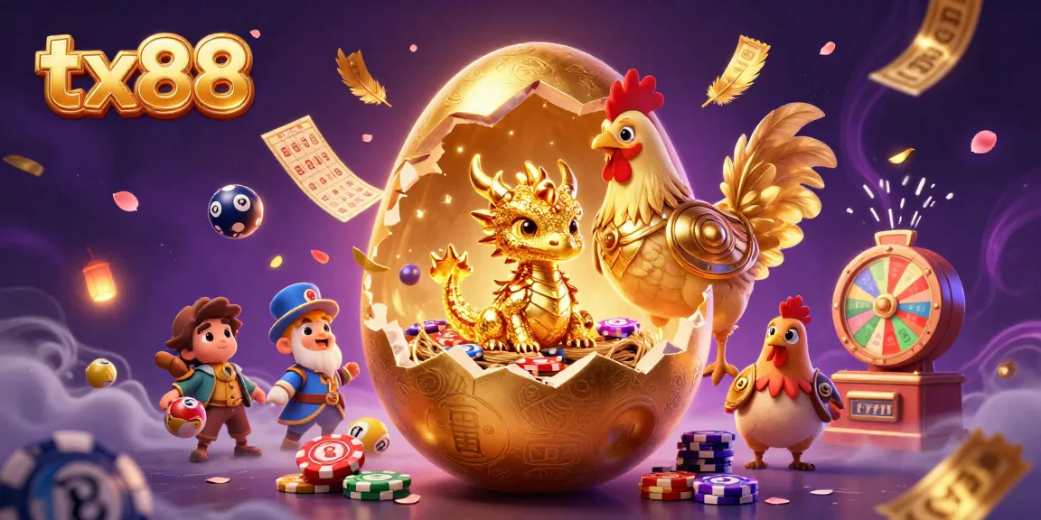 Engage with tx88, revealing a golden dragon amidst vibrant gambling elements in a colorful casino scene.