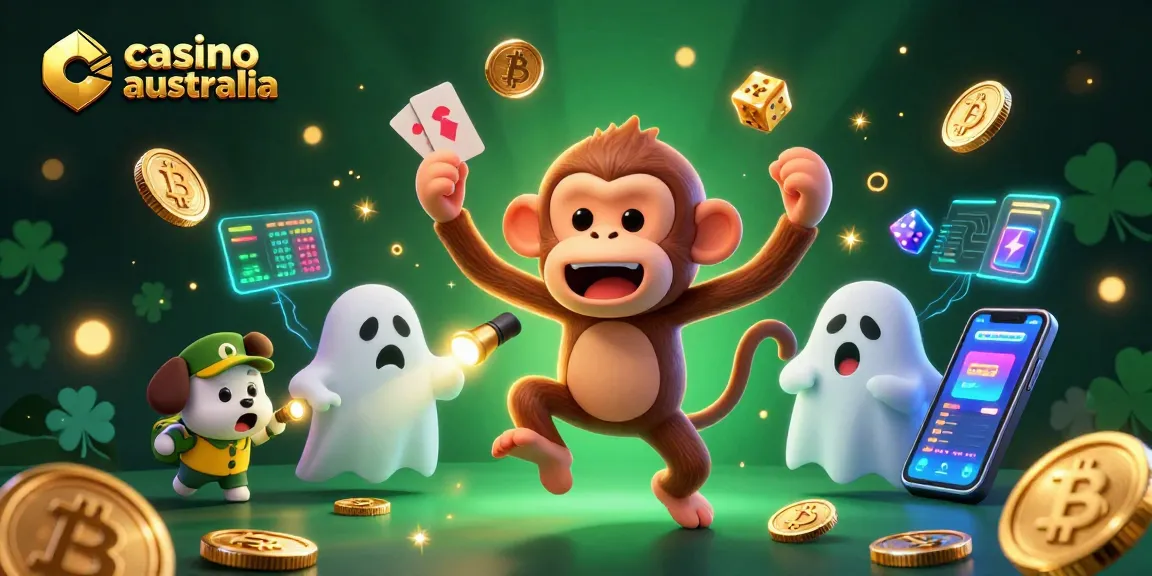 Engaging illustration of a mischievous poltergeist monkey and a puppy tracking treasures in an enchanting casino australia