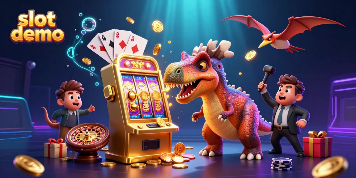 Slot demo menunjukkan pachycephalosaurus yang memukul mesin slot emas menghasilkan koin jackpot yang meluncur.